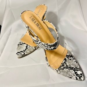 LALA IKAI Snake Print Strappy Sandals 4 Inch Heels Backless Womens SZ 38 US SZ 7